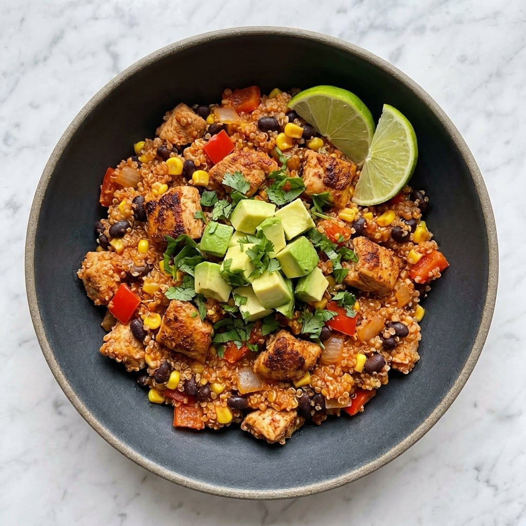 One-Pot Chicken Quinoa Burrito Bowls with Avocado & Lime