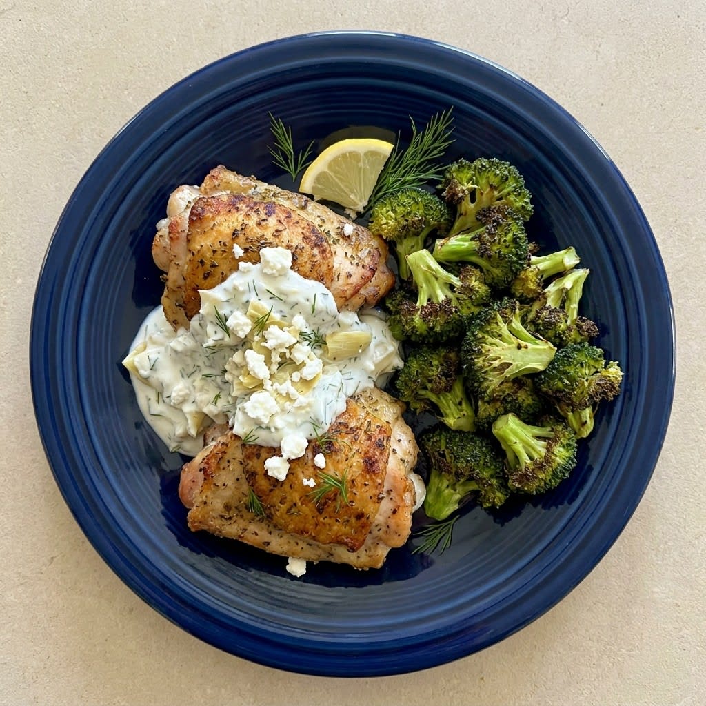 Air Fryer Greek Chicken Thighs with Broccoli & Lemon-Dill Artichoke Sauce