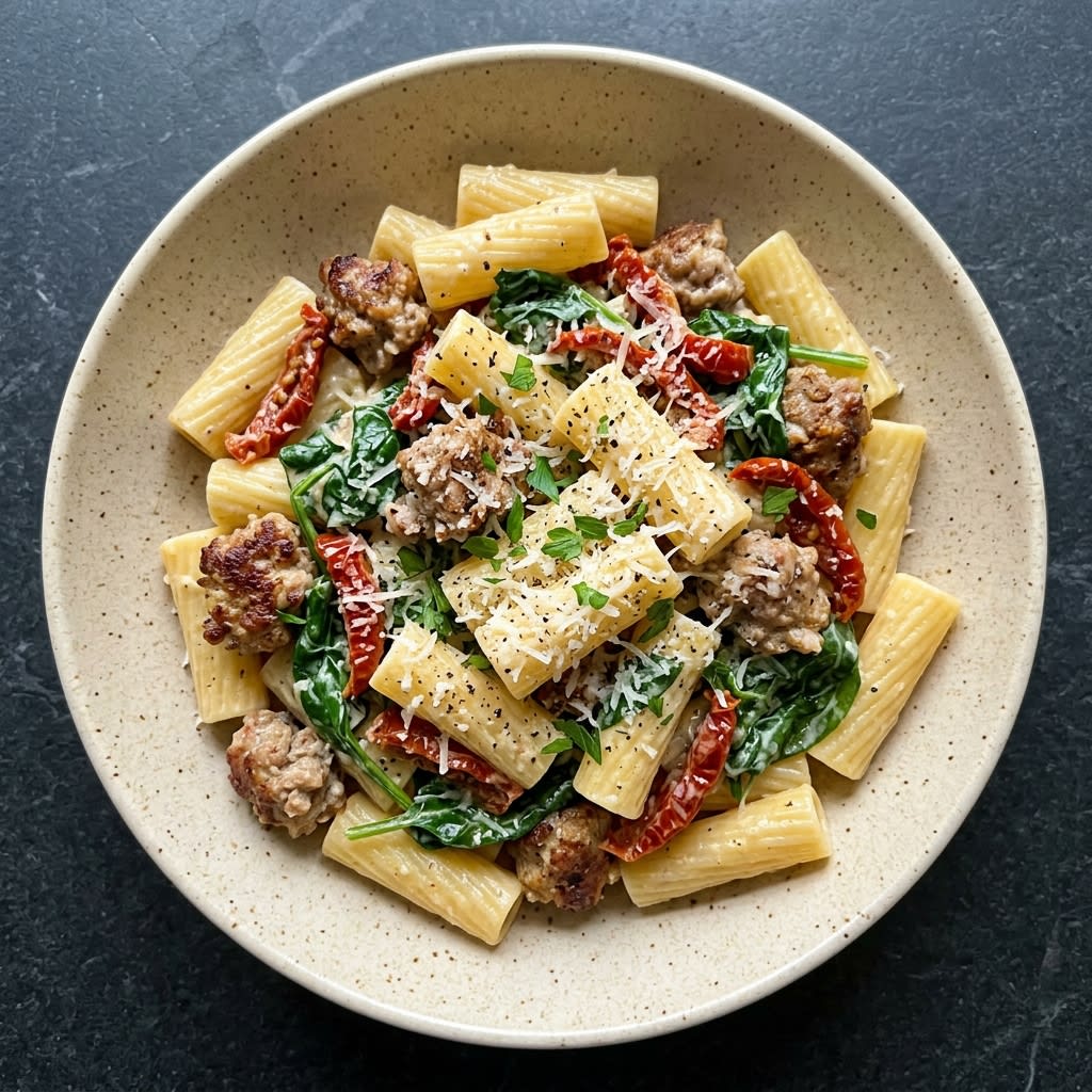 Creamy Tuscan Sausage Rigatoni with Baby Spinach & Sun-Dried Tomatoes