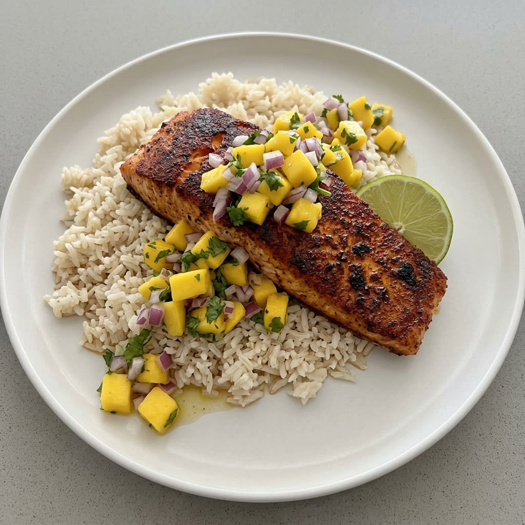 Crispy Blackened Salmon with Coconut Rice & Mango Salsa