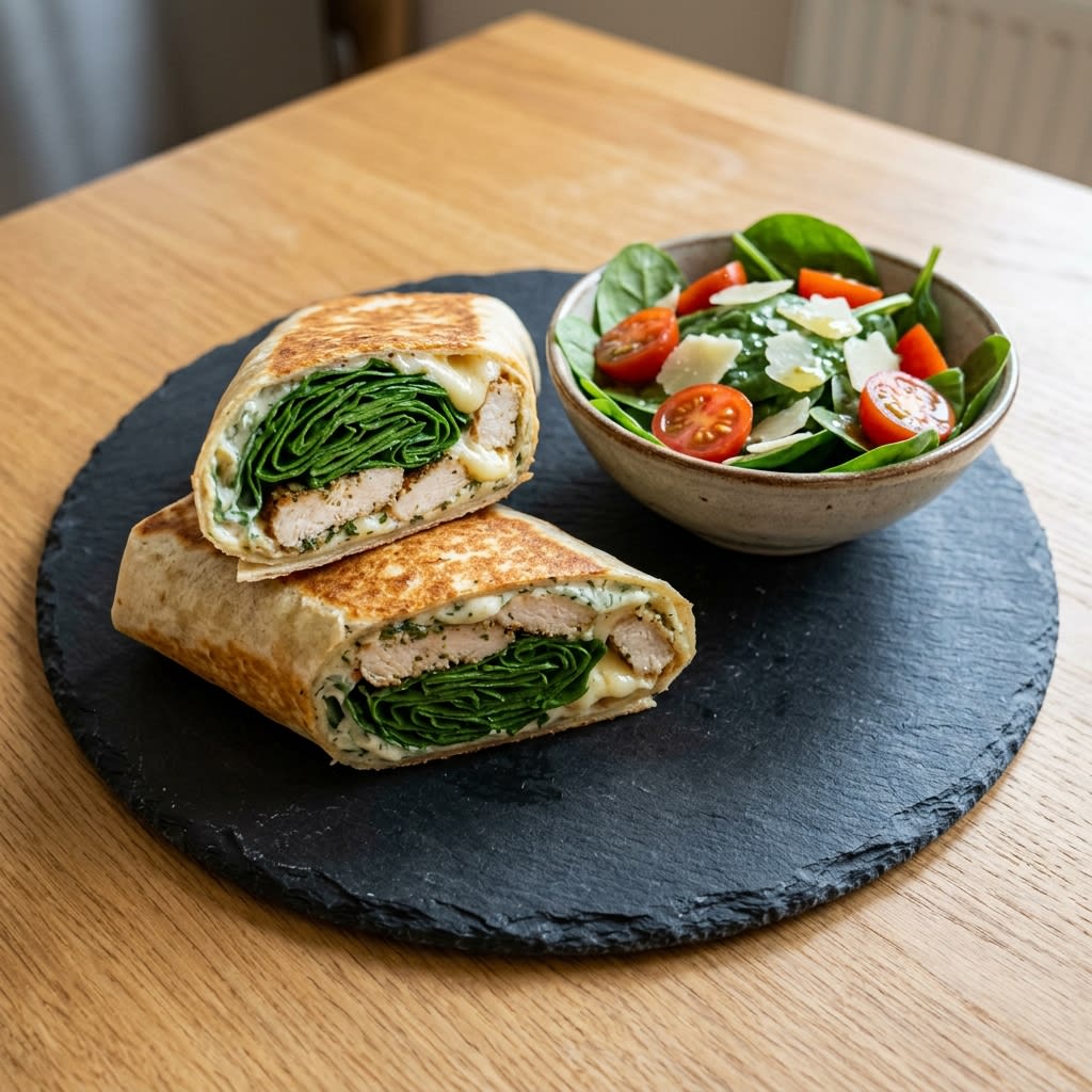 Crispy Seared Chicken Ranch & Mozzarella Wrap with Lemon-Parmesan Spinach Salad
