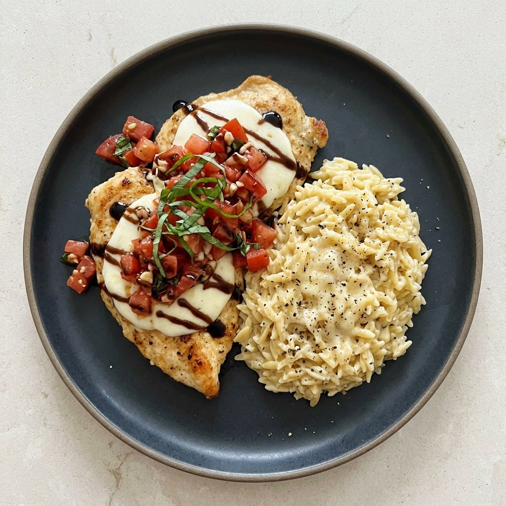 Mozzarella Bruschetta Chicken with Parmesan Orzo & Balsamic Glaze