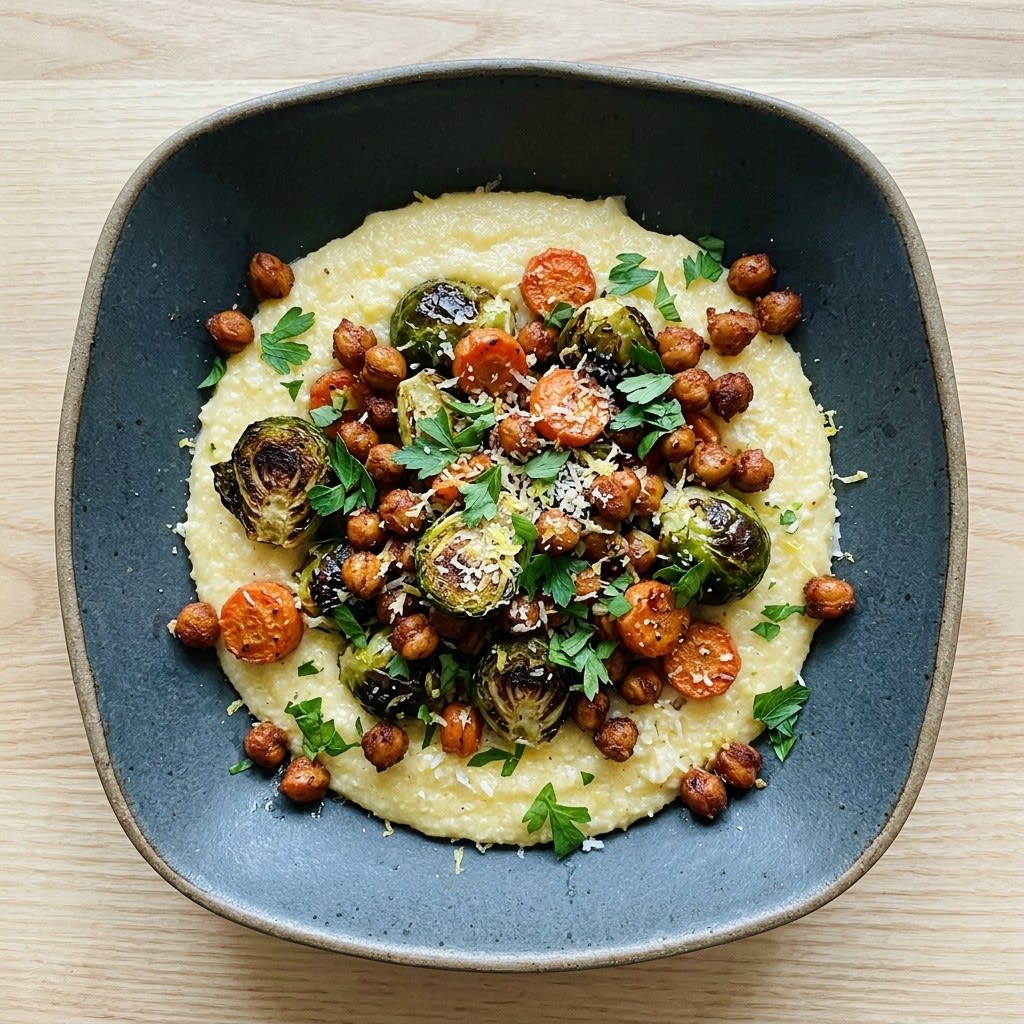 Roasted Chickpeas, Brussels Sprouts & Carrots with Parmesan Polenta