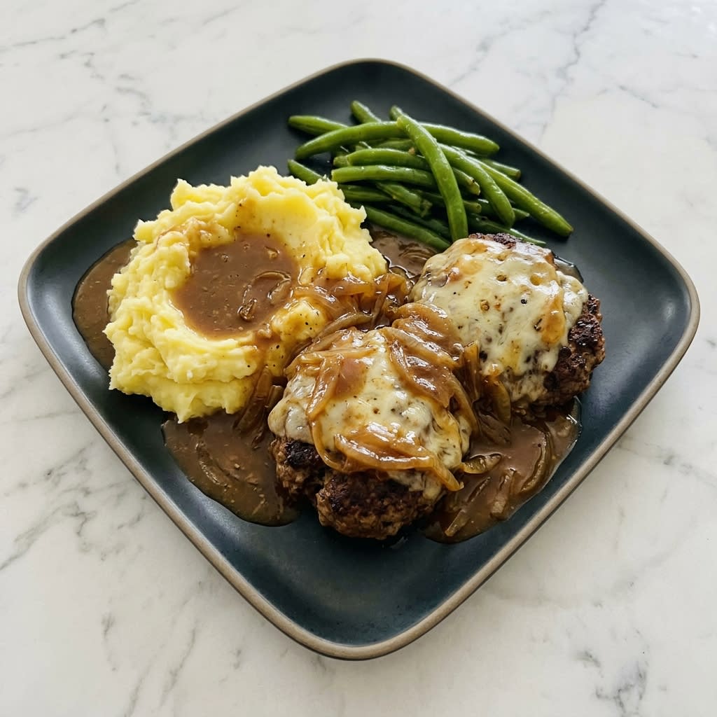 French Onion Salisbury Steak with Buttered Mashed Potatoes & Green Beans