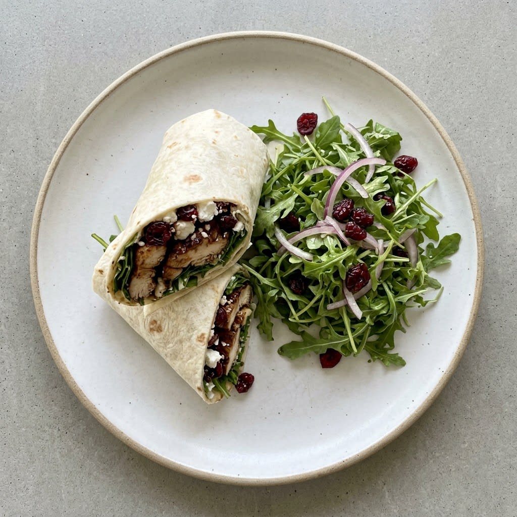 Balsamic Chicken Wraps with Goat Cheese, Cranberries & Lemony Arugula