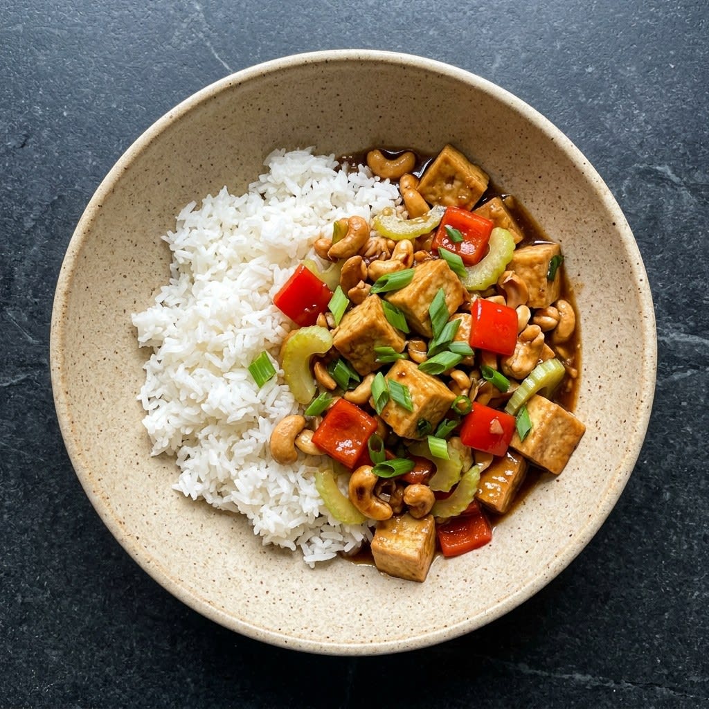 Kung Pao Tofu with Bell Peppers, Celery, Cashews & Jasmine Rice