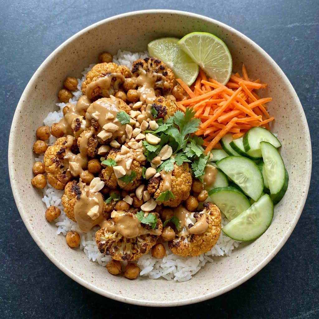 Air Fryer Crispy Cauliflower Bowls with Rice & Peanut Sauce