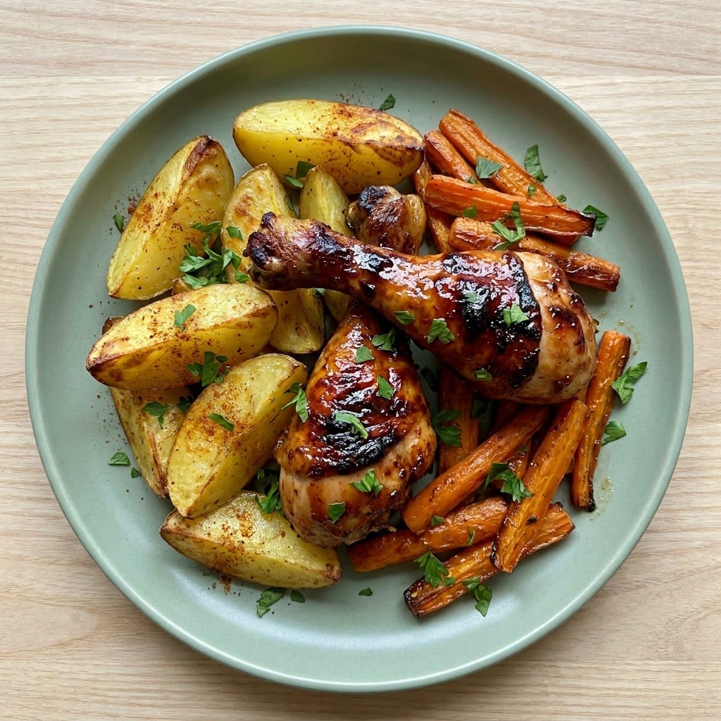 Sheet Pan Honey Garlic Drumsticks with Tender Carrots & Potatoes