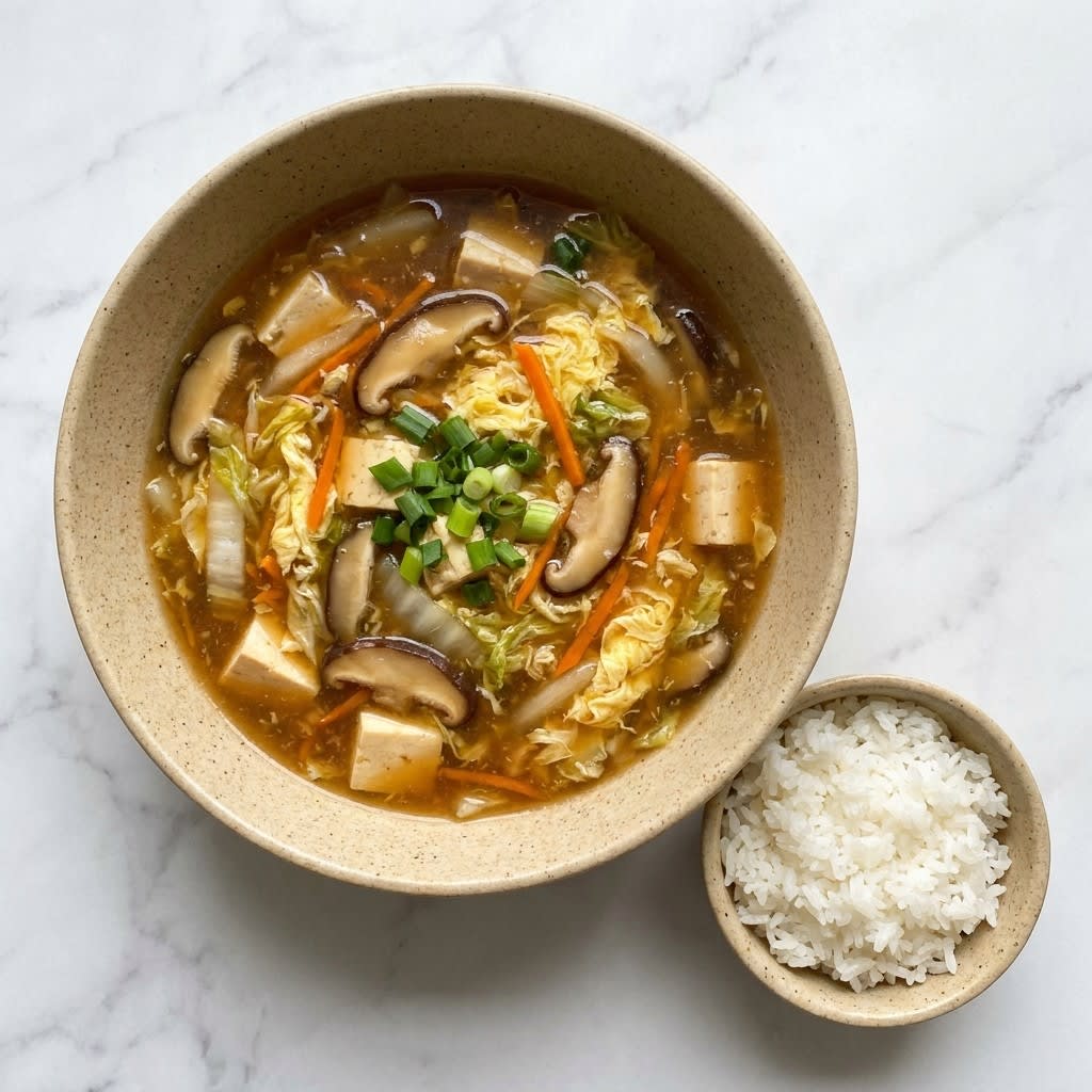 Hot & Sour Soup with Tofu, Mushrooms & Egg Ribbons