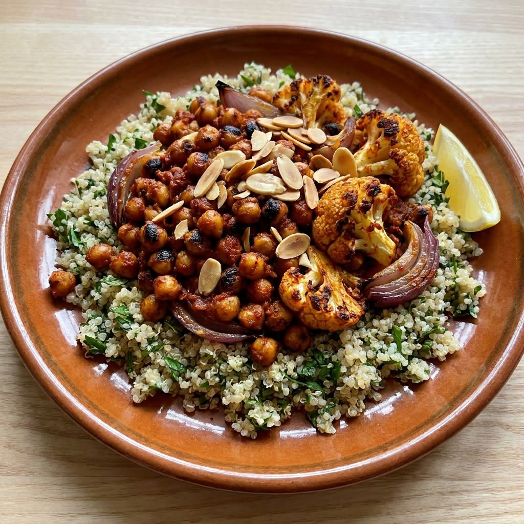 Sheet Pan Harissa Chickpeas & Cauliflower with Herbed Quinoa