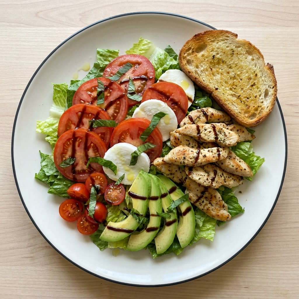 Balsamic Chicken Avocado Caprese Salad with Garlic Toast