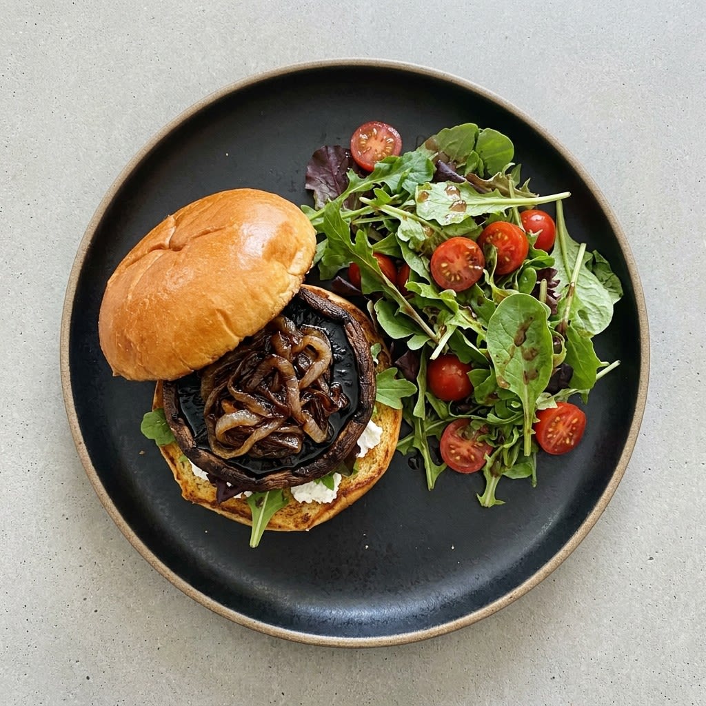 Balsamic Portobello Burgers with Caramelized Onions & Side Salad