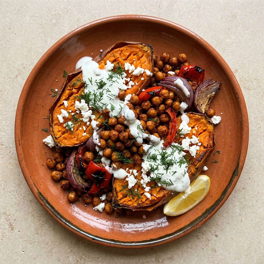 Mediterranean Sweet Potatoes with Spiced Chickpeas & Garlic Yogurt