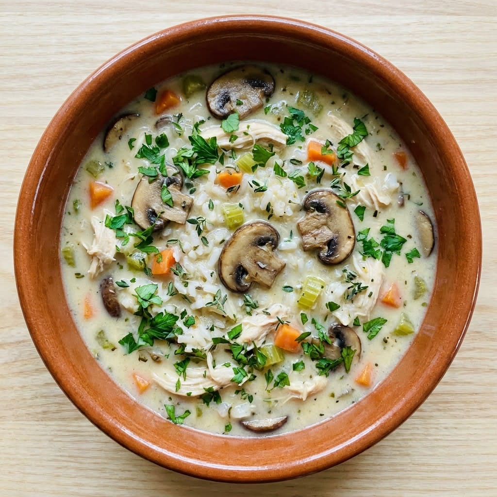 One-Pot Creamy Chicken & Mushroom Rice Soup with Thyme