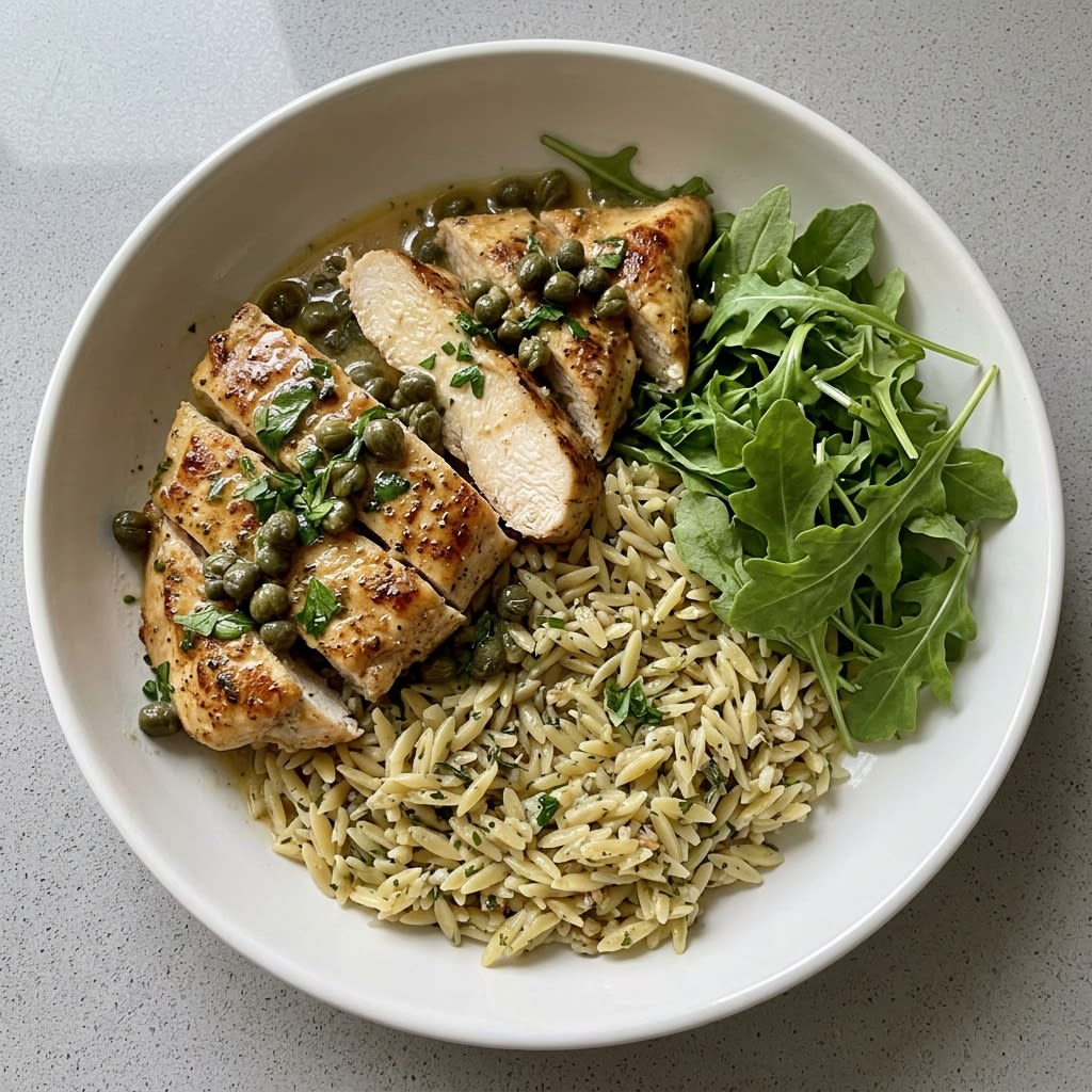 Pan-Seared Lemon Caper Chicken with Orzo & Arugula