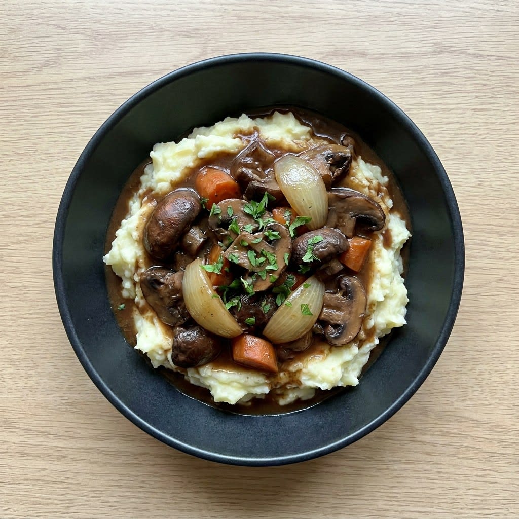 Mushroom Bourguignon Stew over Garlic Mashed Potatoes