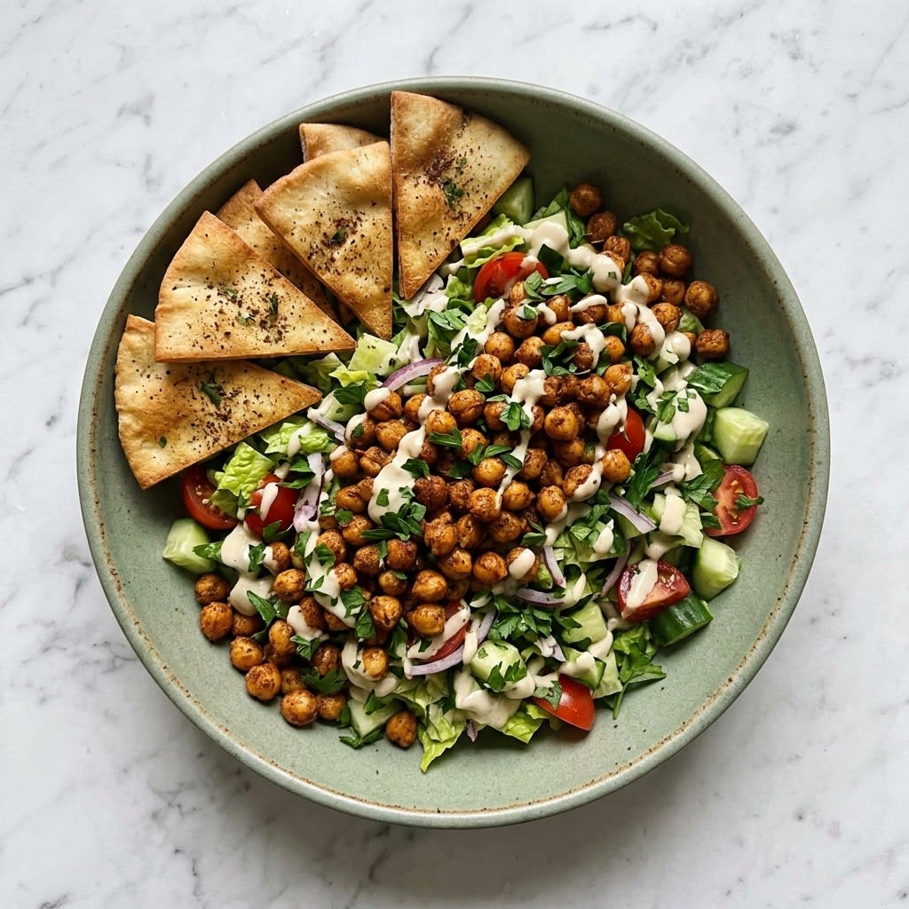 Falafel-Spiced Chickpea Salad with Pita Chips & Lemon Tahini