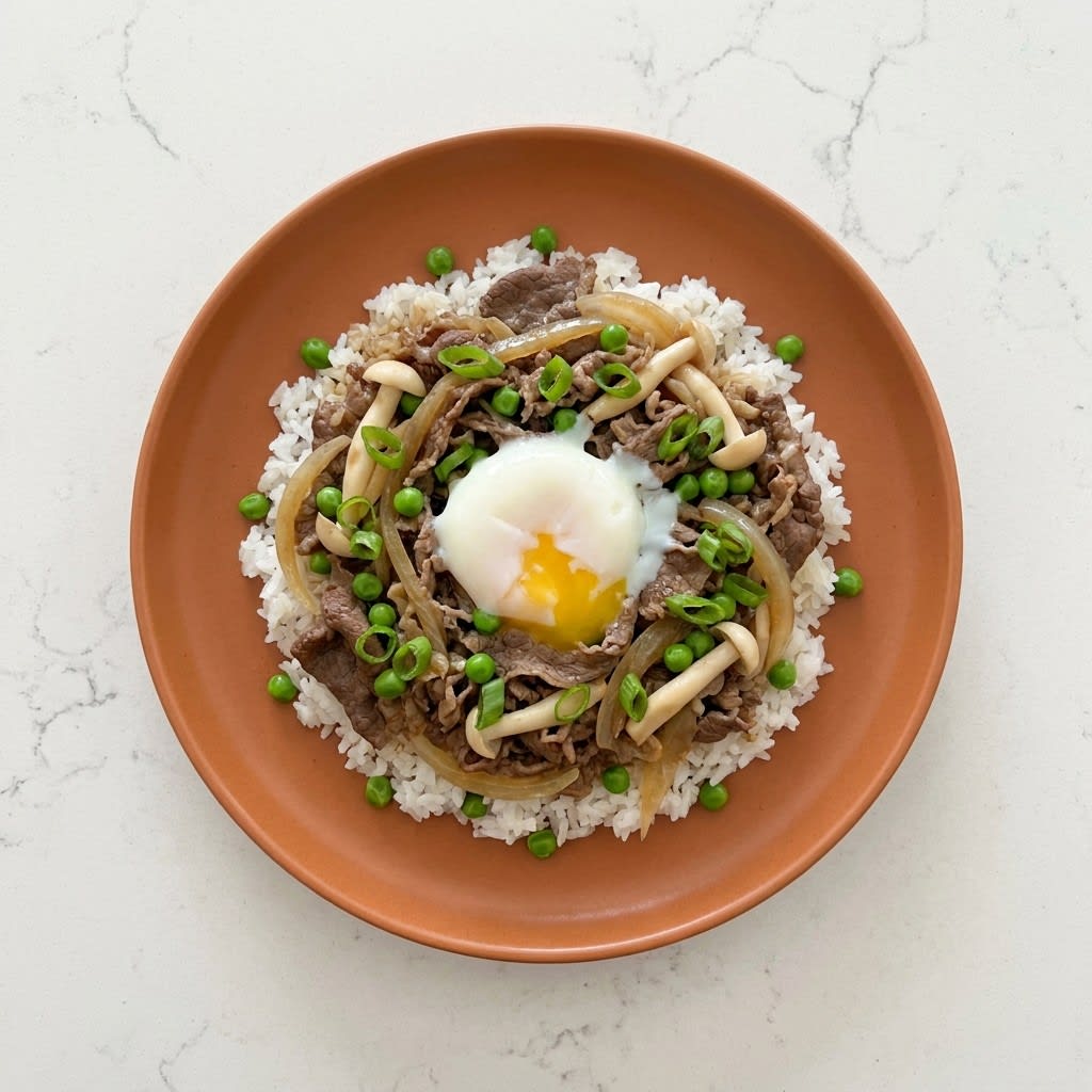 Gyudon-Style Ginger Beef Rice Bowls with Mushrooms & Soft Egg