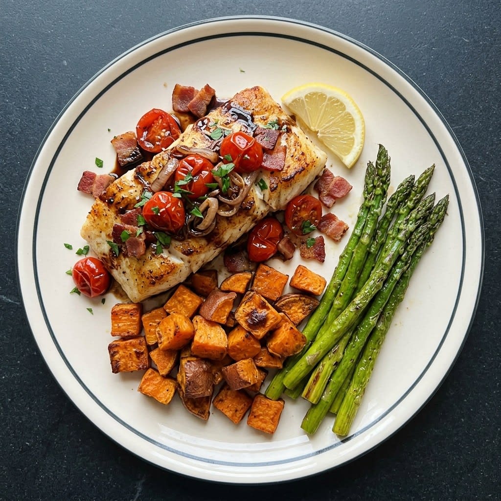 Seared Cod with Bacon-Balsamic Tomatoes, Asparagus & Sweet Potatoes
