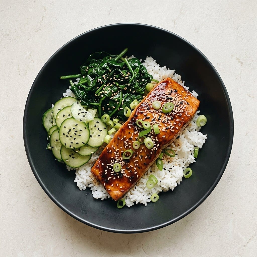 Sesame-Glazed Salmon Rice Bowls with Wilted Spinach & Cucumber Salad