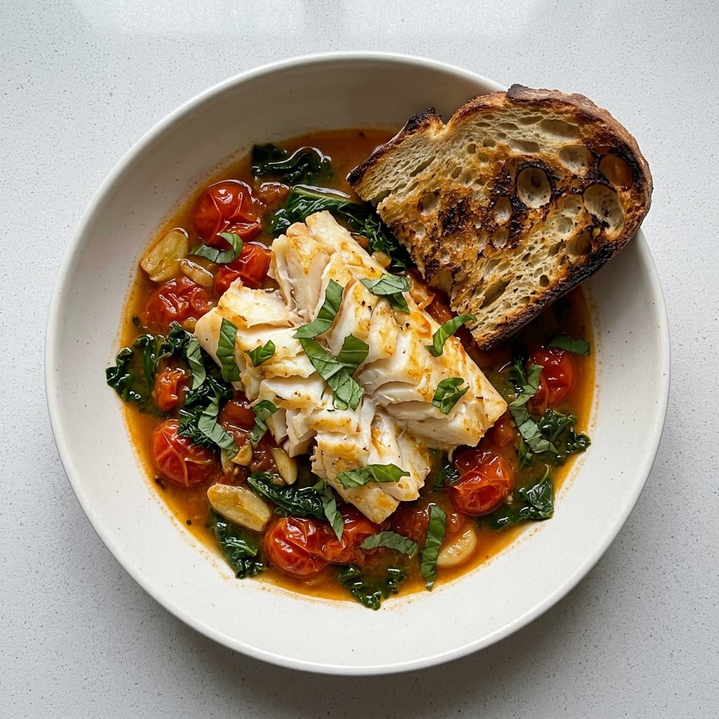 Tuscan Garlic Cod with Tomato Broth & Toasted Sourdough