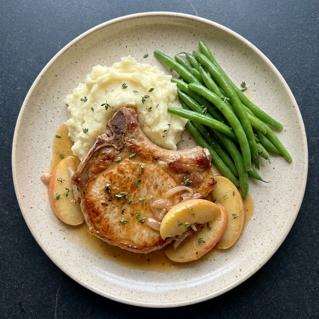 Apple Cider Pork Chops with Mashed Potatoes & Green Beans
