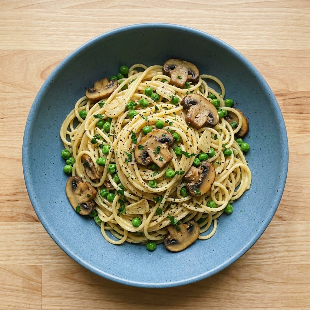 Garlicky Parmesan Spaghetti Carbonara with Mushrooms & Peas