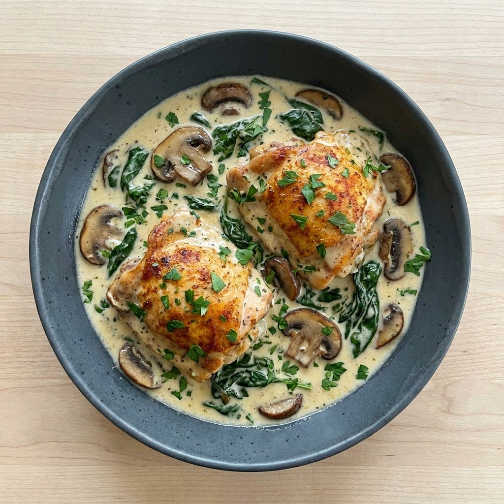 One-Pot Creamy Garlic Chicken with Spinach & Mushrooms