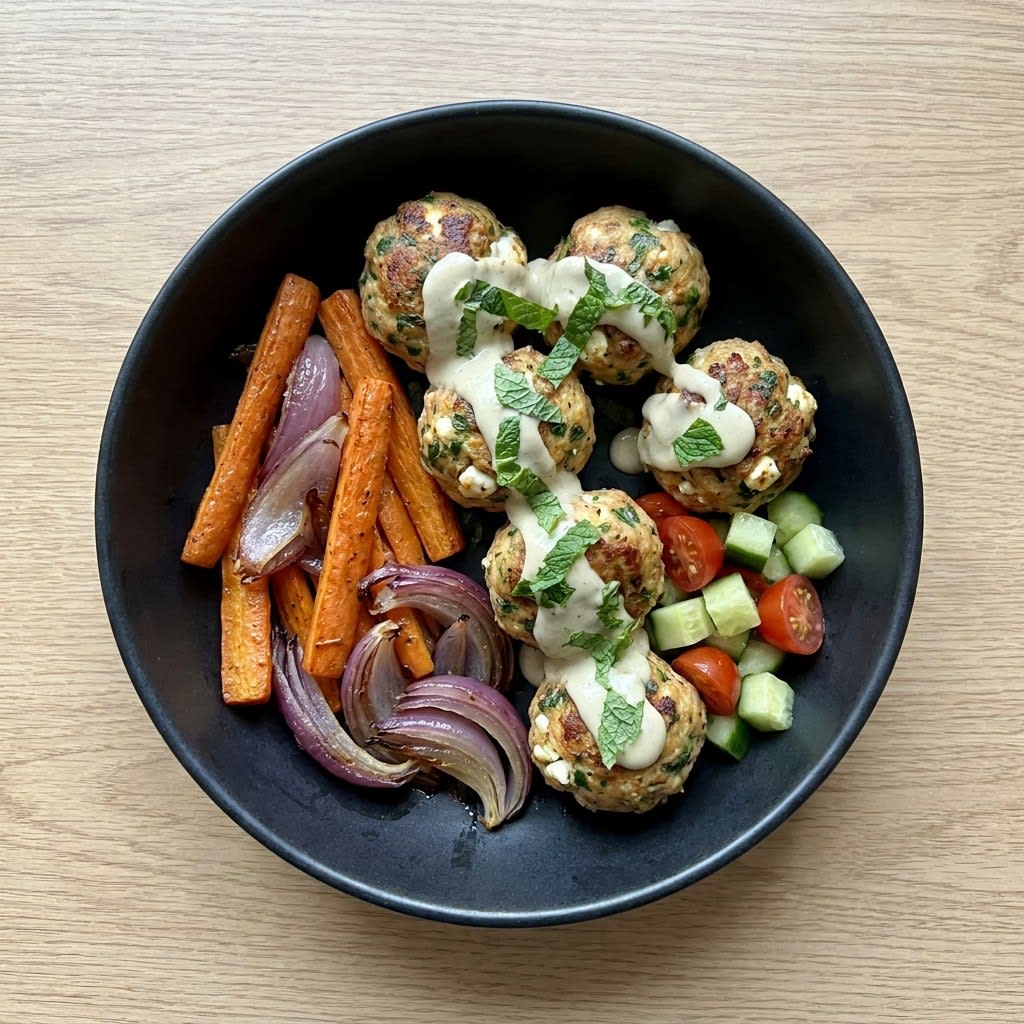 Sheet Pan Turkey-Feta Meatballs with Roasted Carrots & Lemon Tahini