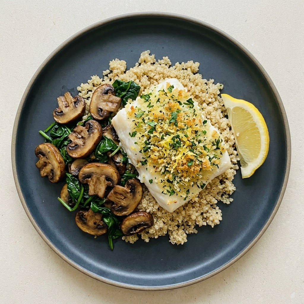 Herb Breadcrumb Halibut with Mushroom-Spinach Sauté & Quinoa