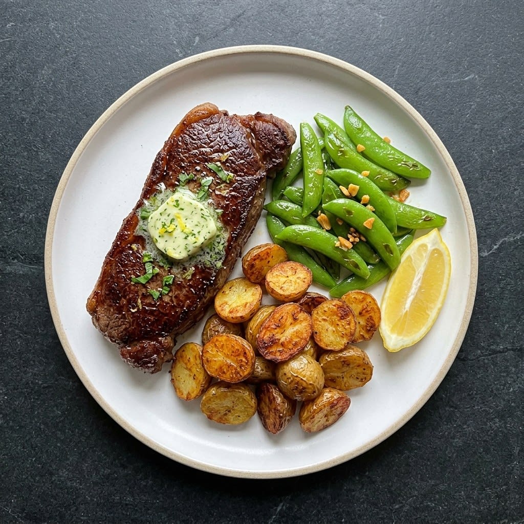 Basil-Butter Striploin Steak with Crispy Potatoes & Snap Peas