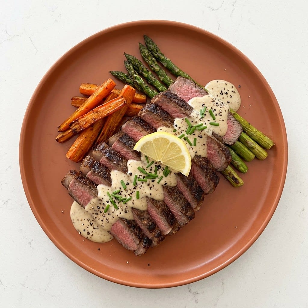 Sheet Pan Steak with Black Pepper-Dijon Sauce, Asparagus & Carrots