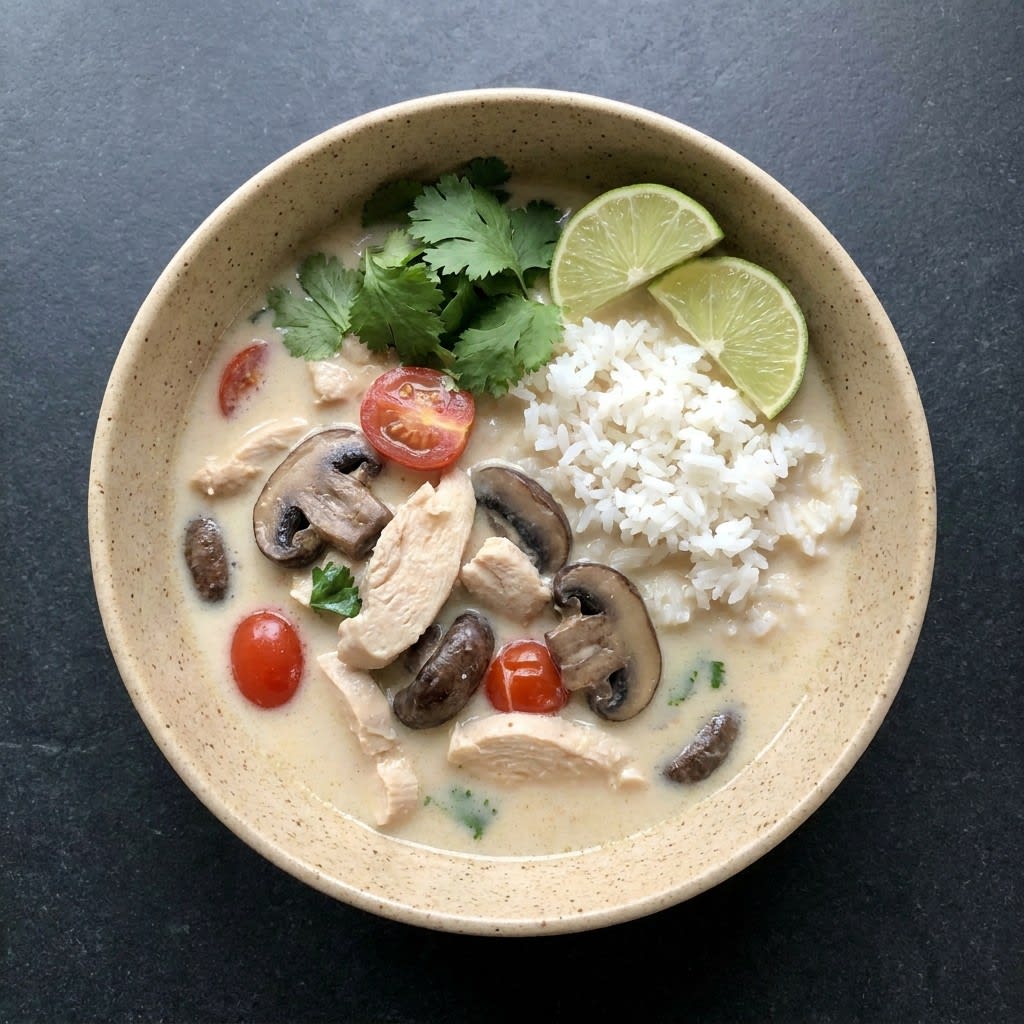 Thai Coconut Chicken Soup (Tom Kha–Style) with Mushrooms & Jasmine Rice