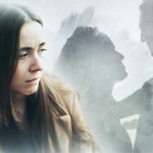 woman looking pensive with silhouette of couple in the background
