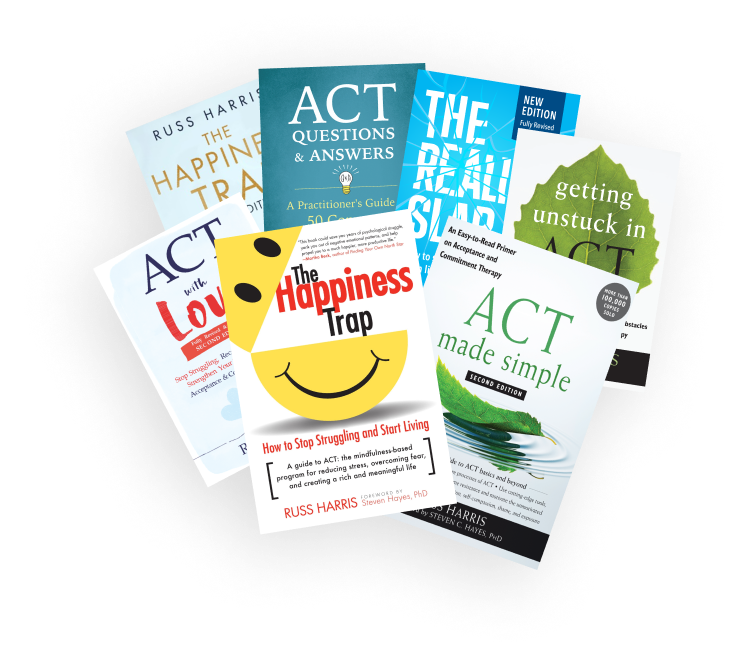 A spread of books by Russ Harris.