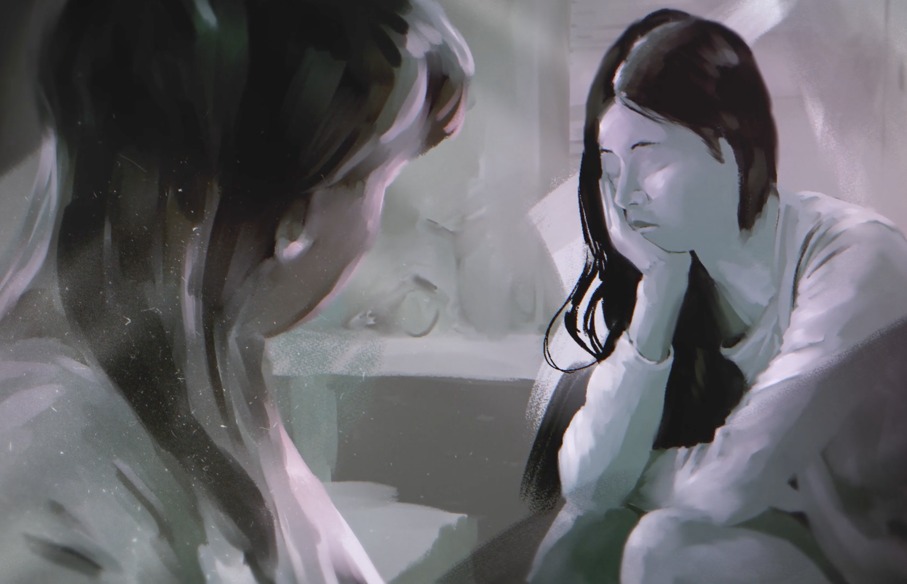 Painting of two women, one looking sad