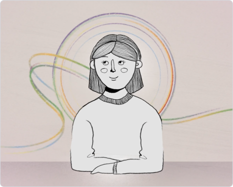 Illustration of woman with rainbow swirls around