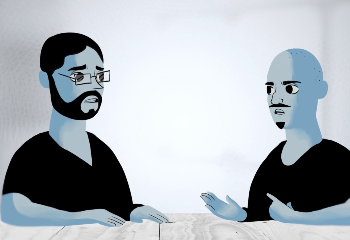 Illustration of two men facing each other, with blue skin and black clothes