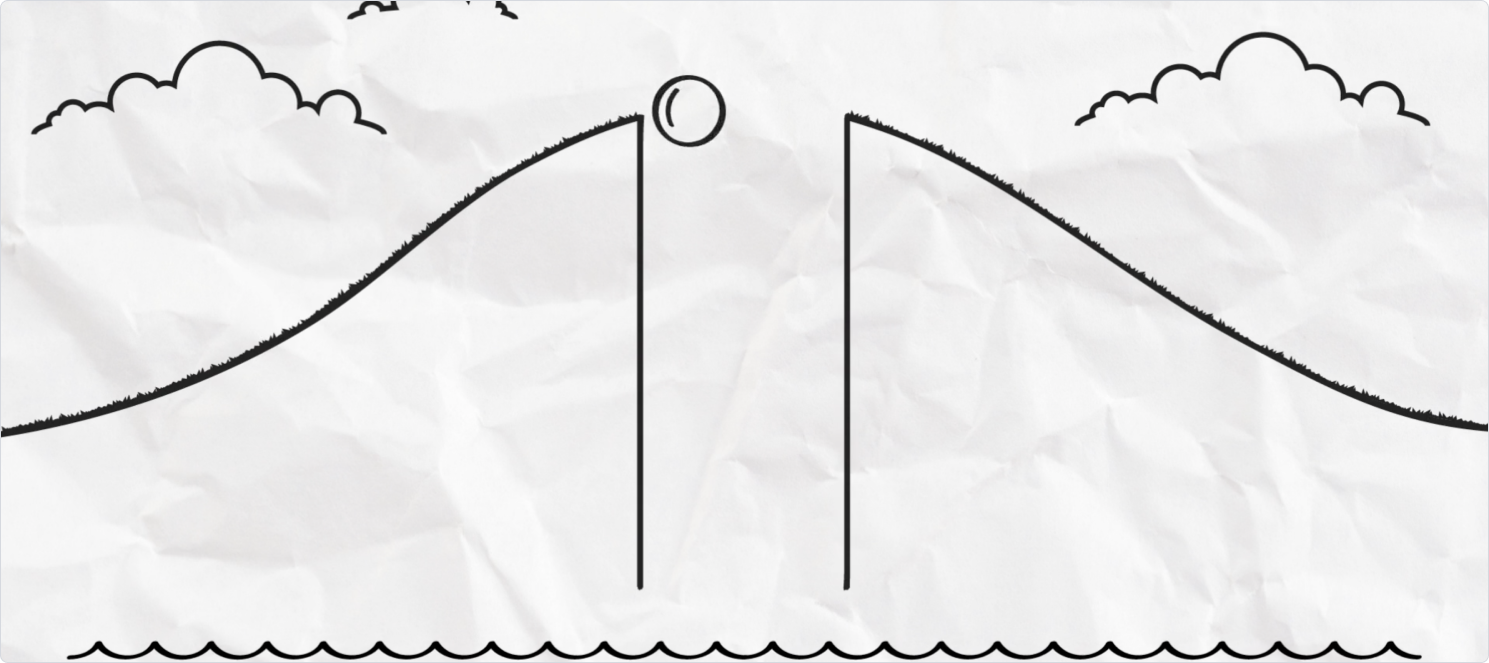 Line illustration showing a 2 mountains with a ball dropping between them