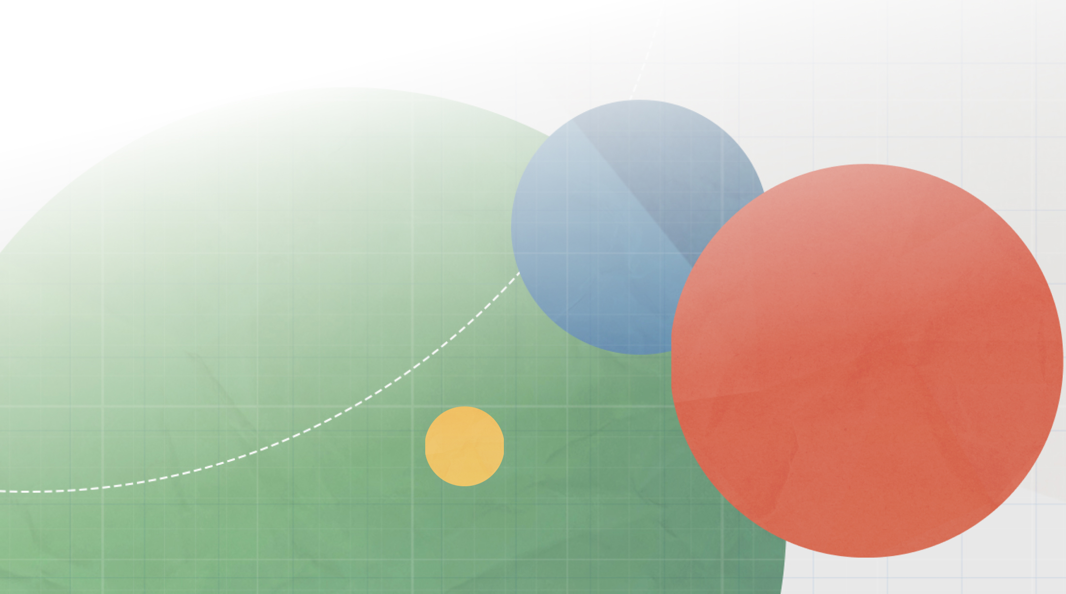 Overlapping circles in green, blue, and coral-red with a small yellow circle and curved dashed line on a gradient background.