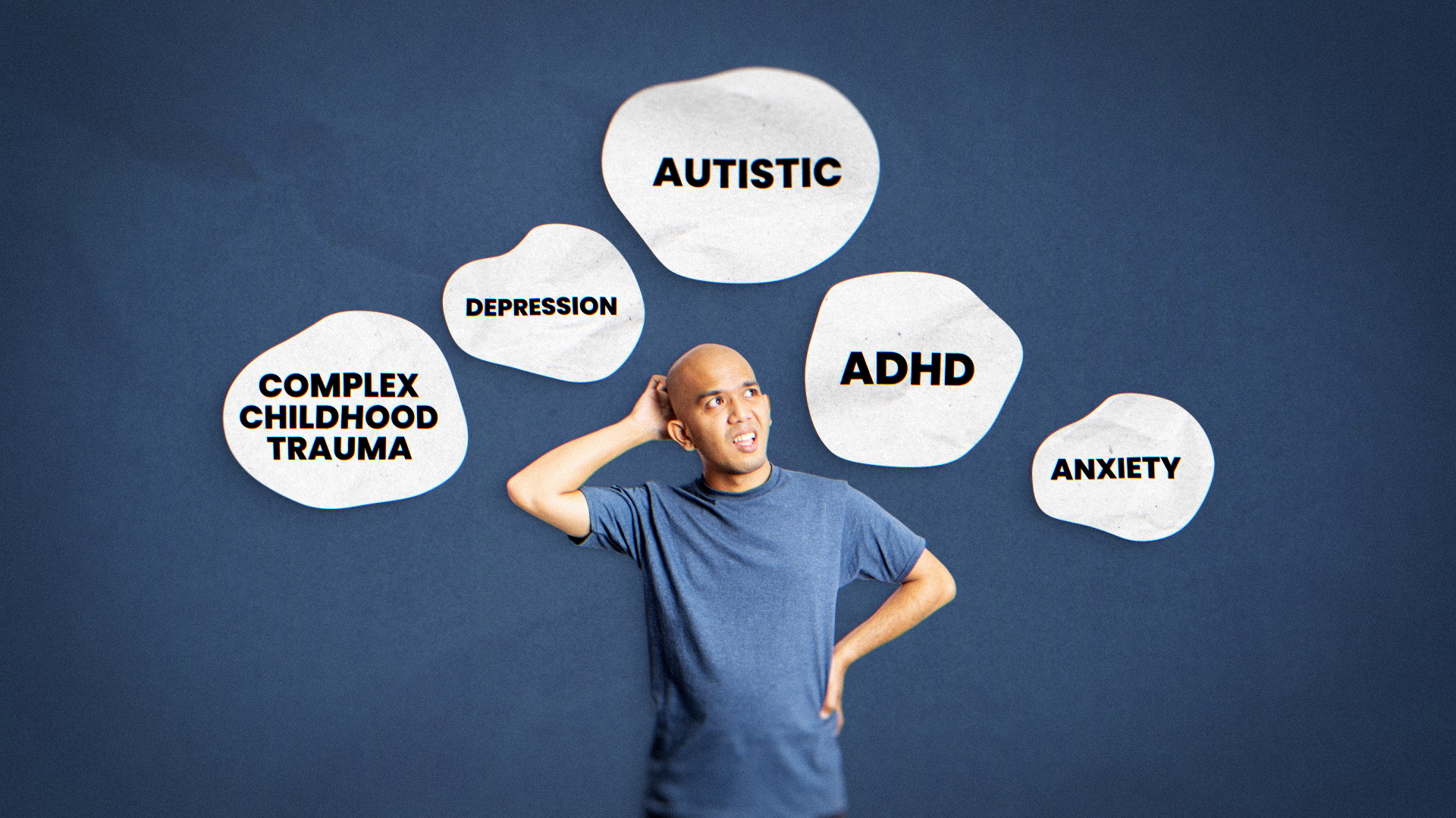 Man with clouds above his head listing diagnosis 