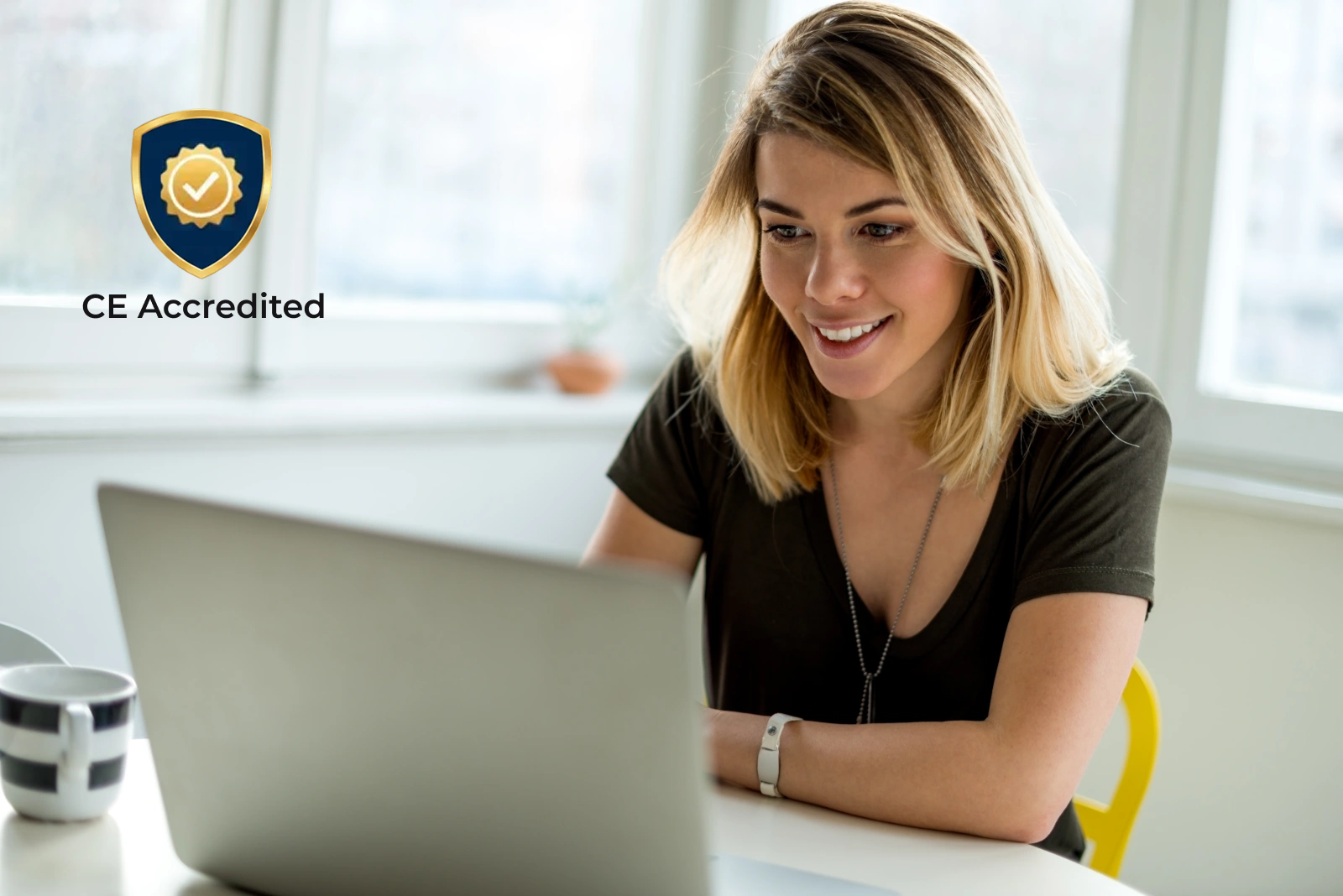 Woman at computer with CE Accreditation badge