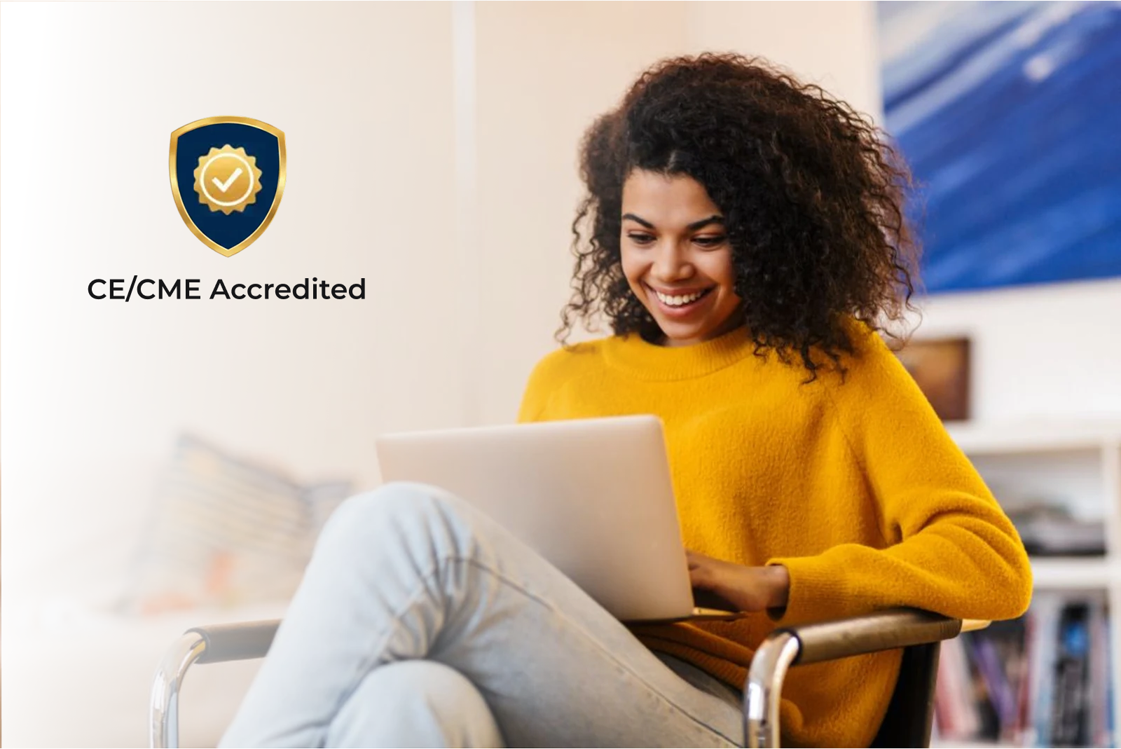 Woman at computer with CE Accreditation badge