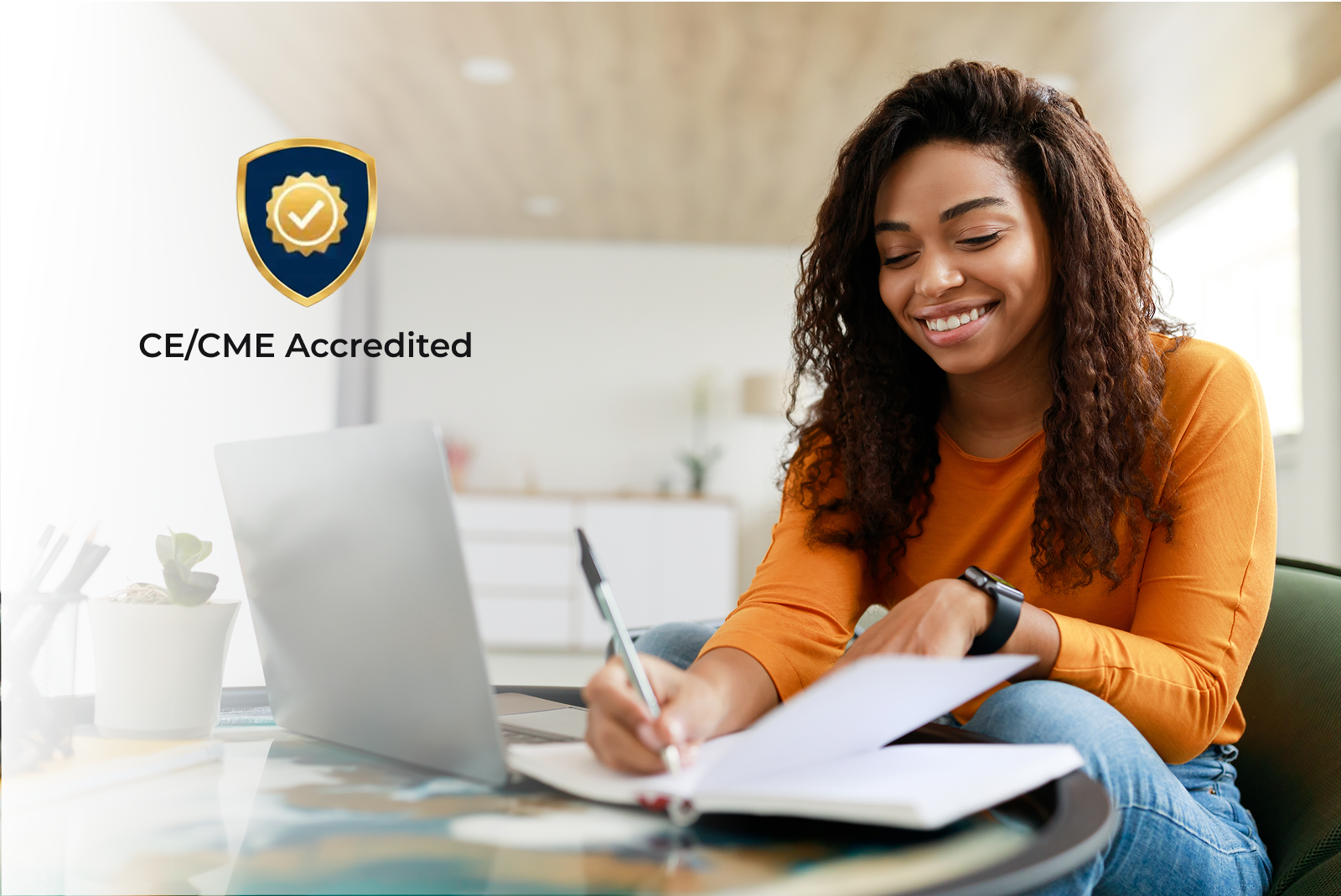 Woman at computer with CE Accreditation badge