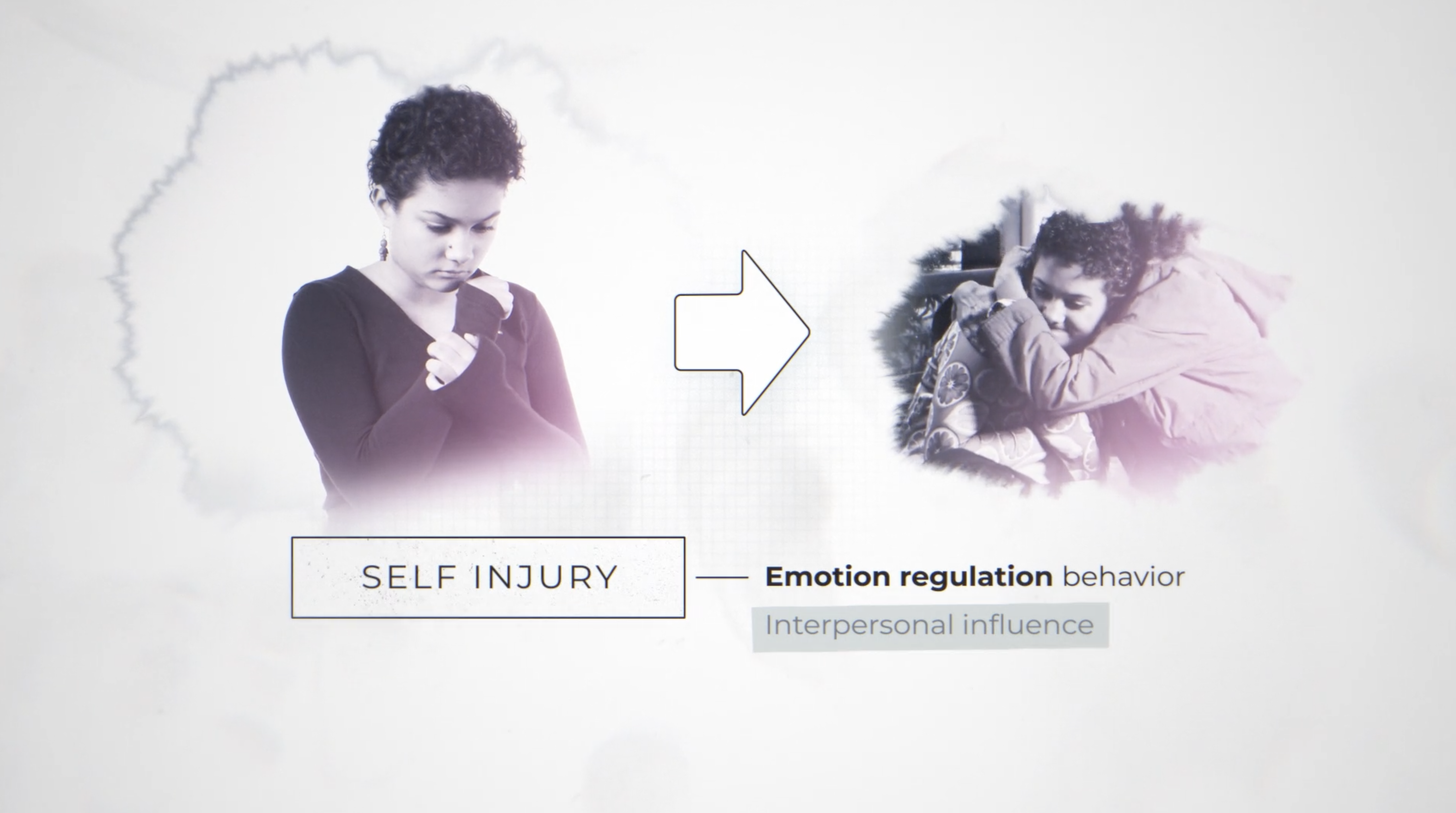 woman with arrow pointing to image of people hugging