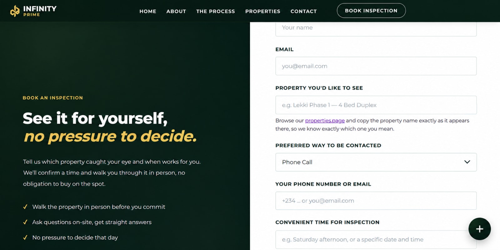 Infinity Prime Property inspection booking section