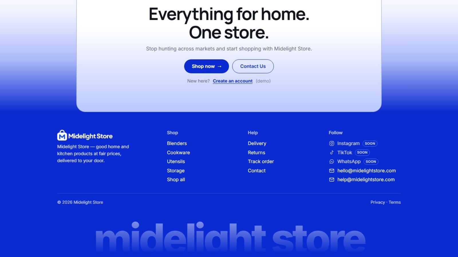 Midelight Store closing call to action and footer