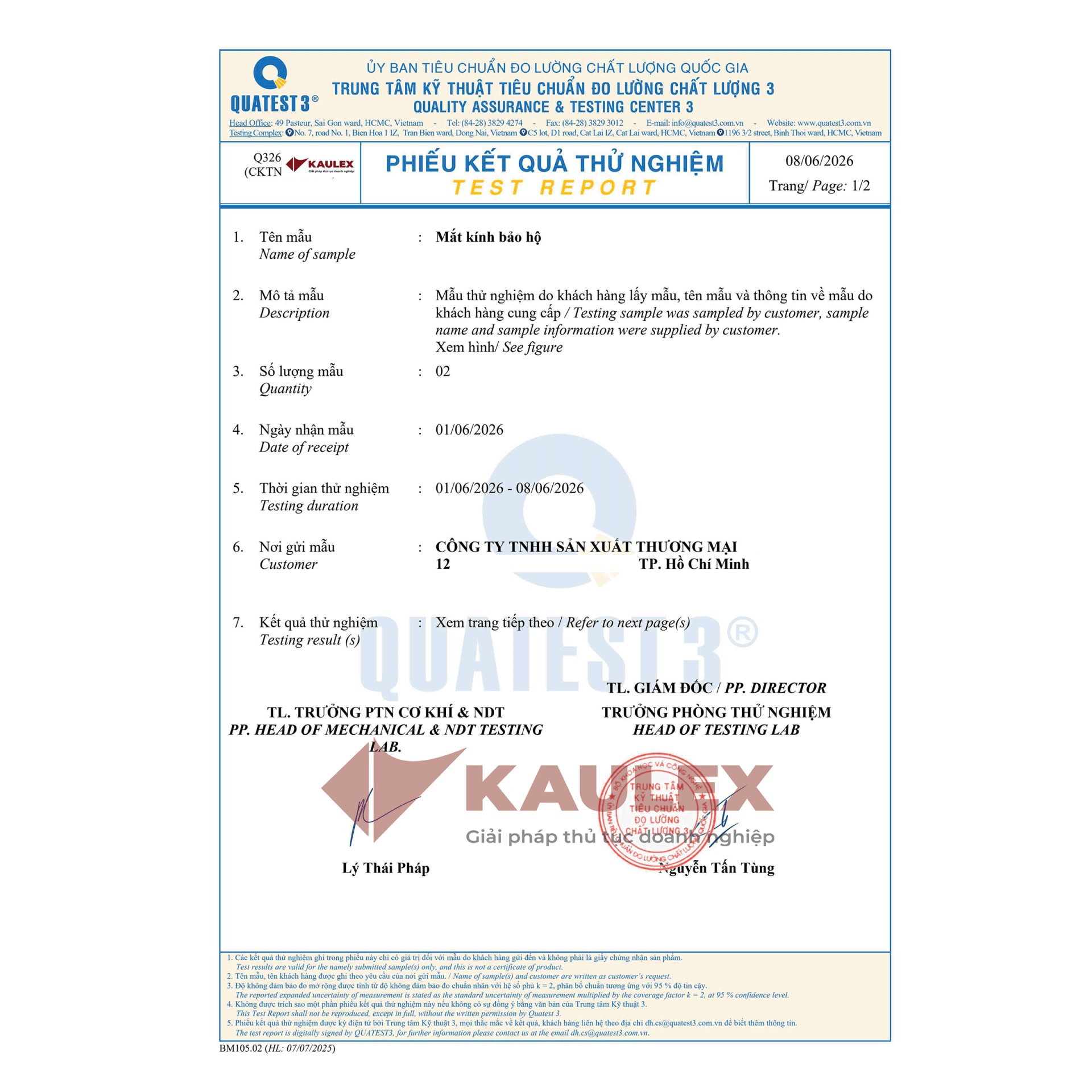 Phiếu kết quả kiểm nghiệm của Quatest 3