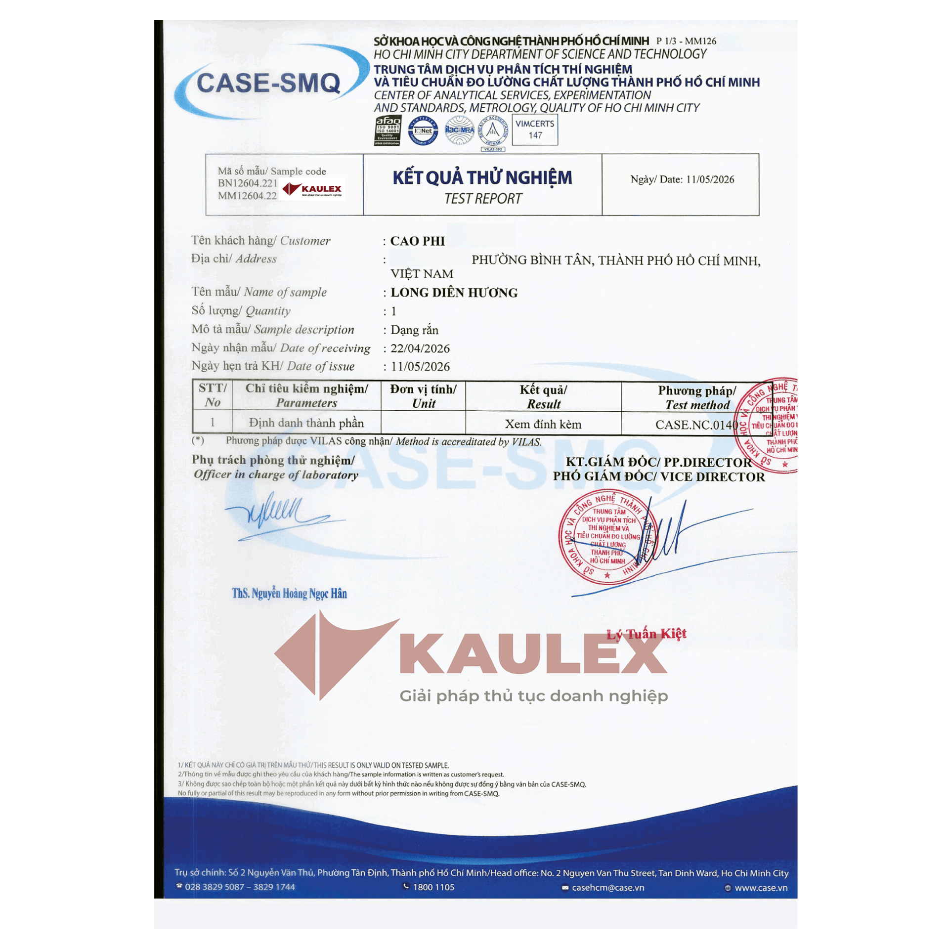 Phiếu kết quả kiểm nghiệm của Case-SMQ