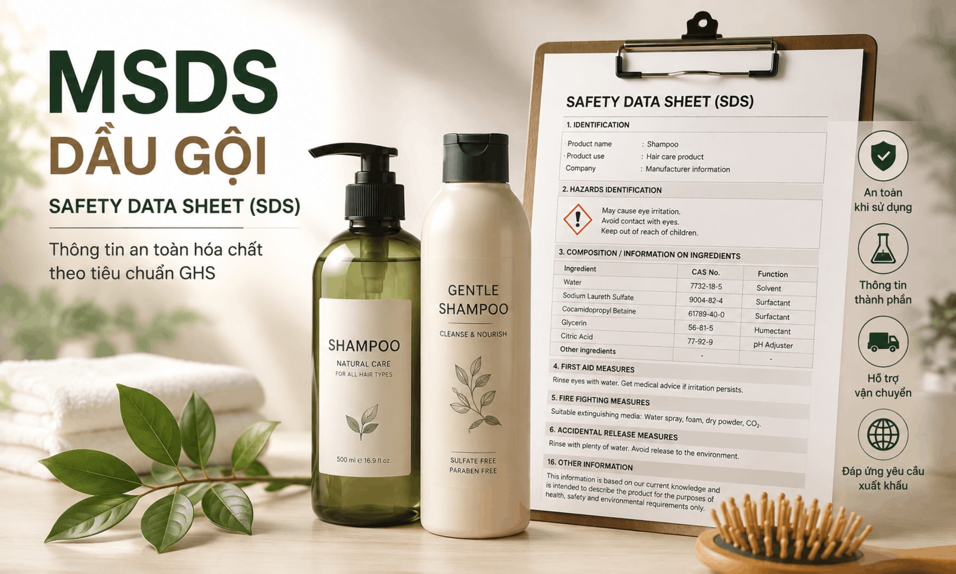 MSDS Dầu Gội: Hồ sơ, thành phần, SDS/GHS và quy định xuất khẩu